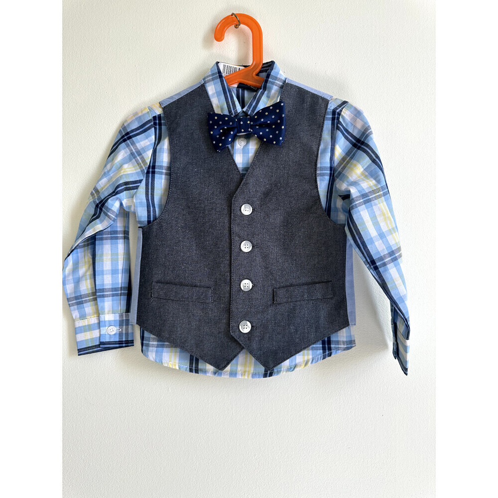 Nautica Boy's 3 Piece Blue/Yellow Dress Shirt, Grey Vest Blue Bowtie Set Size 3T